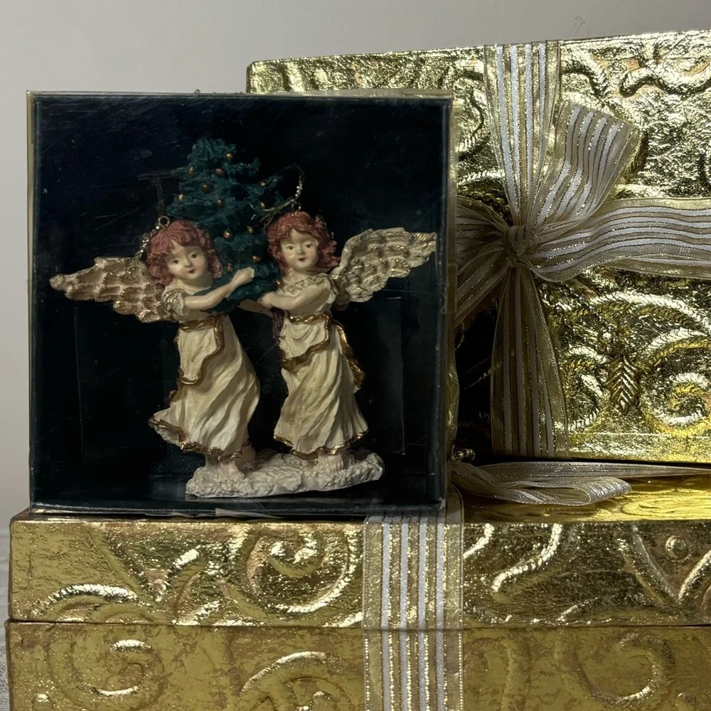 Vintage Victorian Tree Ornament Christmas Angels Hand Painted Luxury Gold Cream
